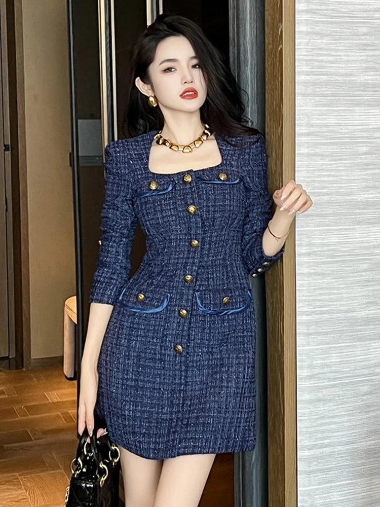 Elegant Retro Blue Tweed Mini Dress