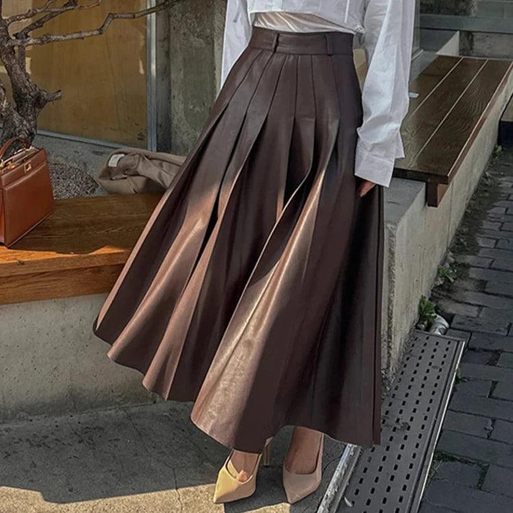 Fashion High Waist PU Leather Skirts Women Loose Pleated Skirts for Women