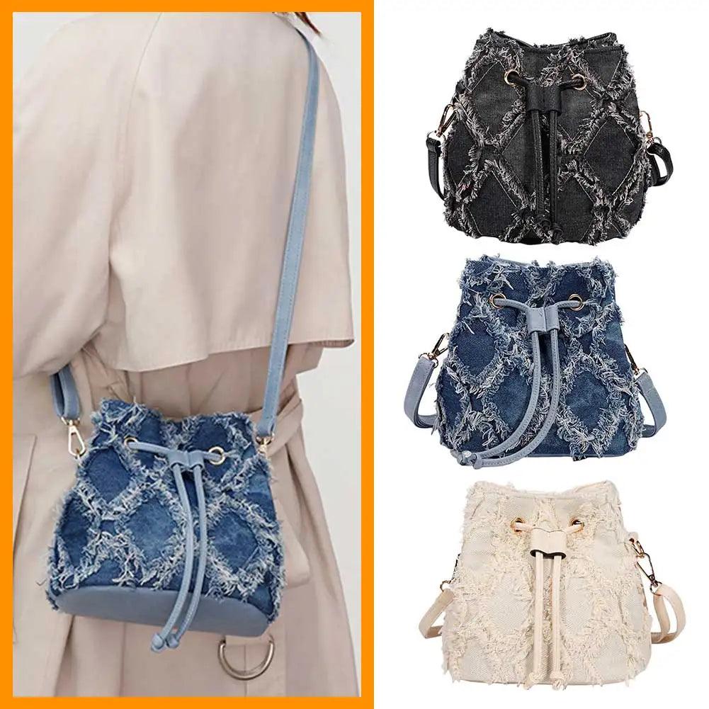 Trendy Denim Bucket Bag with Tassel Detailing - Trendy Mix