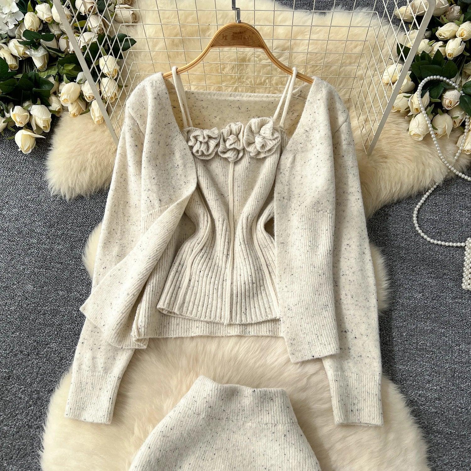 Women Long Sleeved Knitted Cardigan+tank Top+fashion High Waist Slim Half-length Skirt Suit Women Solid Street Three-piece Suit - Trendy Mix