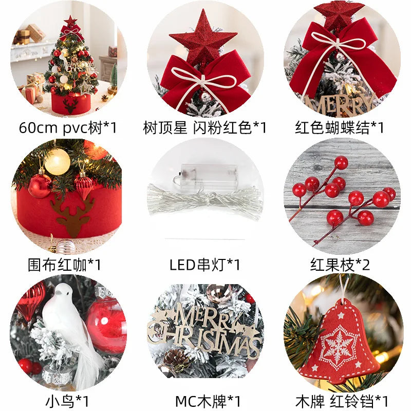 45/60cm Mini Christmas Tree With Lights DIY Desktop Golden Red Christmas Decorations 2024 New Year Home Party Windows Ornaments