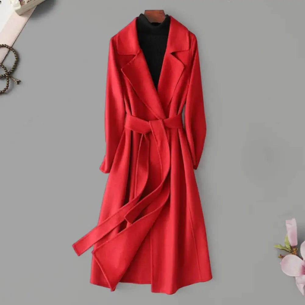 Autumn Winter Women Woolen Coat Lapel Long Sleeve Mid-length Jacket With Belt Solid Color Mid-calf Length Overcoat For Daily