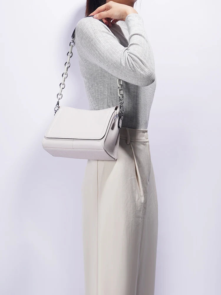 Luxury Soft Leather Top-Handle Bag with Acrylic Chain