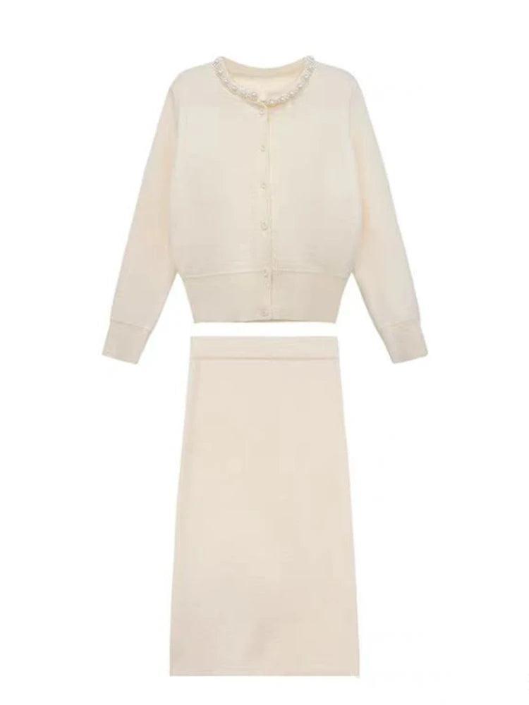 Handmade Pearl Collar Knit Cardigan & A-Line Skirt Set - Trendy Mix