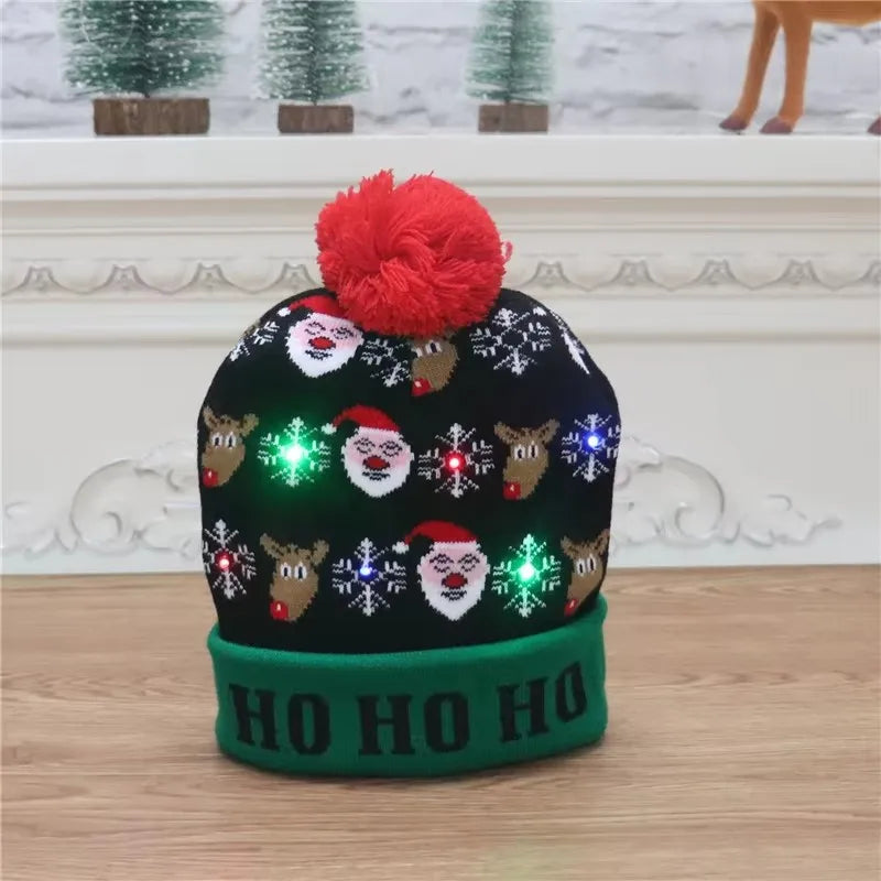 2025 Christmas Hat Santa Claus Hat LED Illuminated Cartoon Pattern Christmas Decorative Knitted Brimless Hat New Year Gift