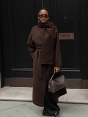 2024 Brown Scarf Collar Wool Overcoat with Belt