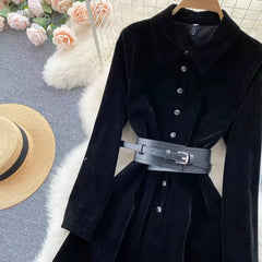 French Vintage Temperament Elegant Dress For Women Autumn/Winter New Turn-done Collar Long Sleeve A-Line Long Dress With Belt