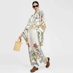 Vintage Print Trousers Set Women Single Breasted Batwing Sleeve Shirt Wide Leg Pant Suit Female Summer Autumn Casual Lady Outfit - Trendy Mix