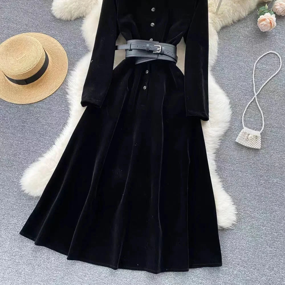 French Vintage Temperament Elegant Dress For Women Autumn/Winter New Turn-done Collar Long Sleeve A-Line Long Dress With Belt