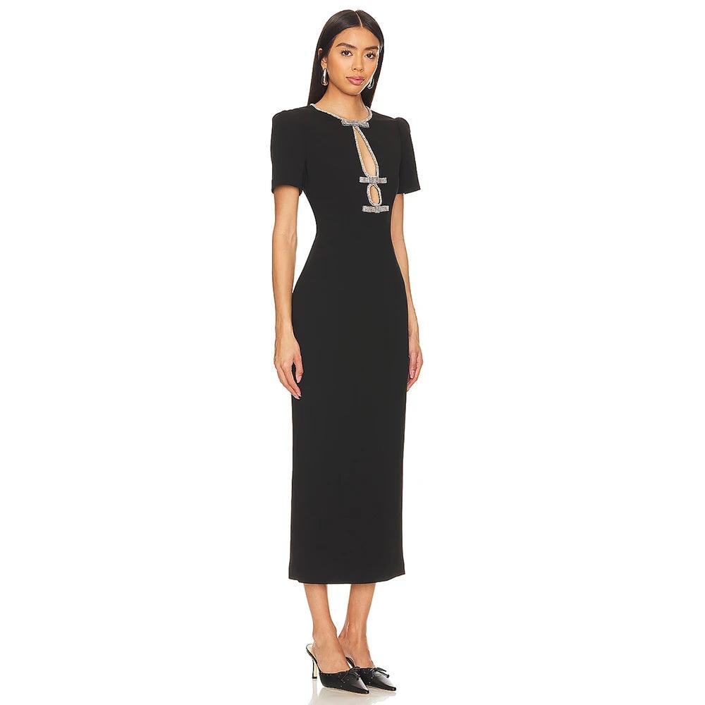 2024 Women’s Black Hollow Diamond Bandage Midi Dress - Trendy Mix