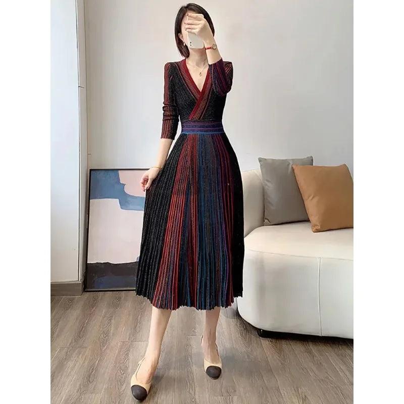 Women's Fashion Dress V-neck Long Sleeved Striped High Waisted Pleated Rainbow Casual Dress New for Autumn 2024 - Trendy Mix