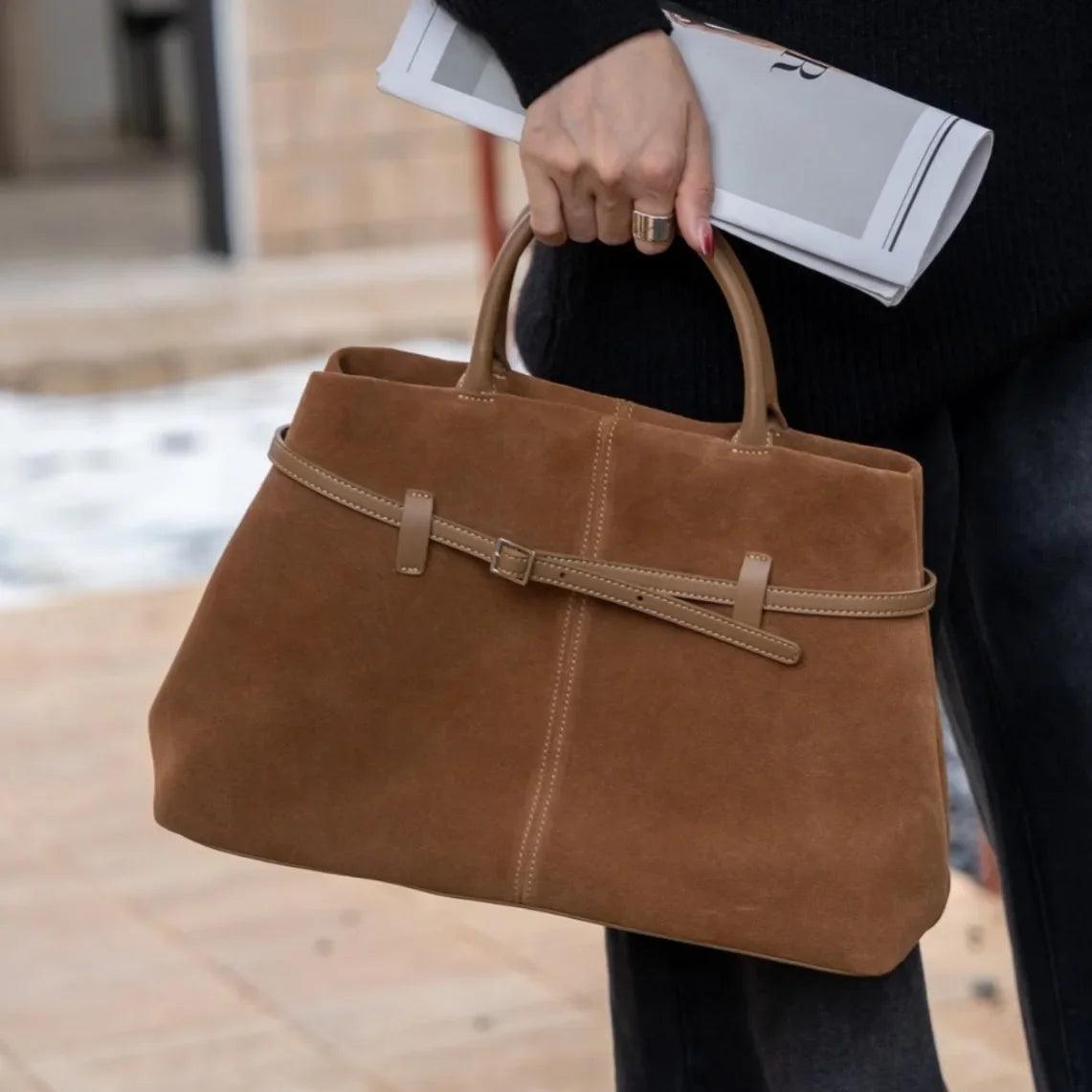 High-Class Camel Suede Leather Tote – Elegant Commuter Briefcase