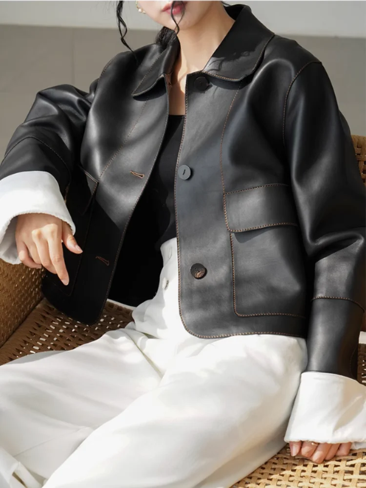 Vintage Luxe: Retro Short Leather Jacket with Chic Collar