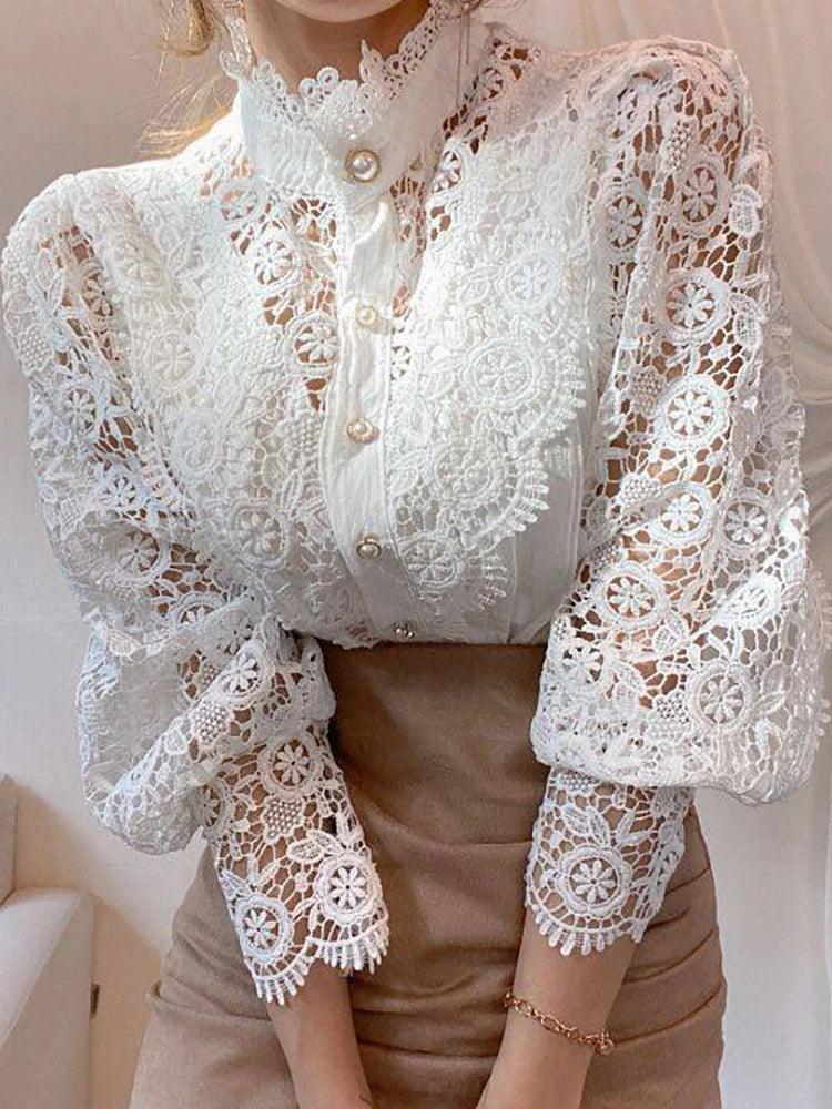 Chic Lace Collar Puff Sleeve Blouse - Trendy Mix