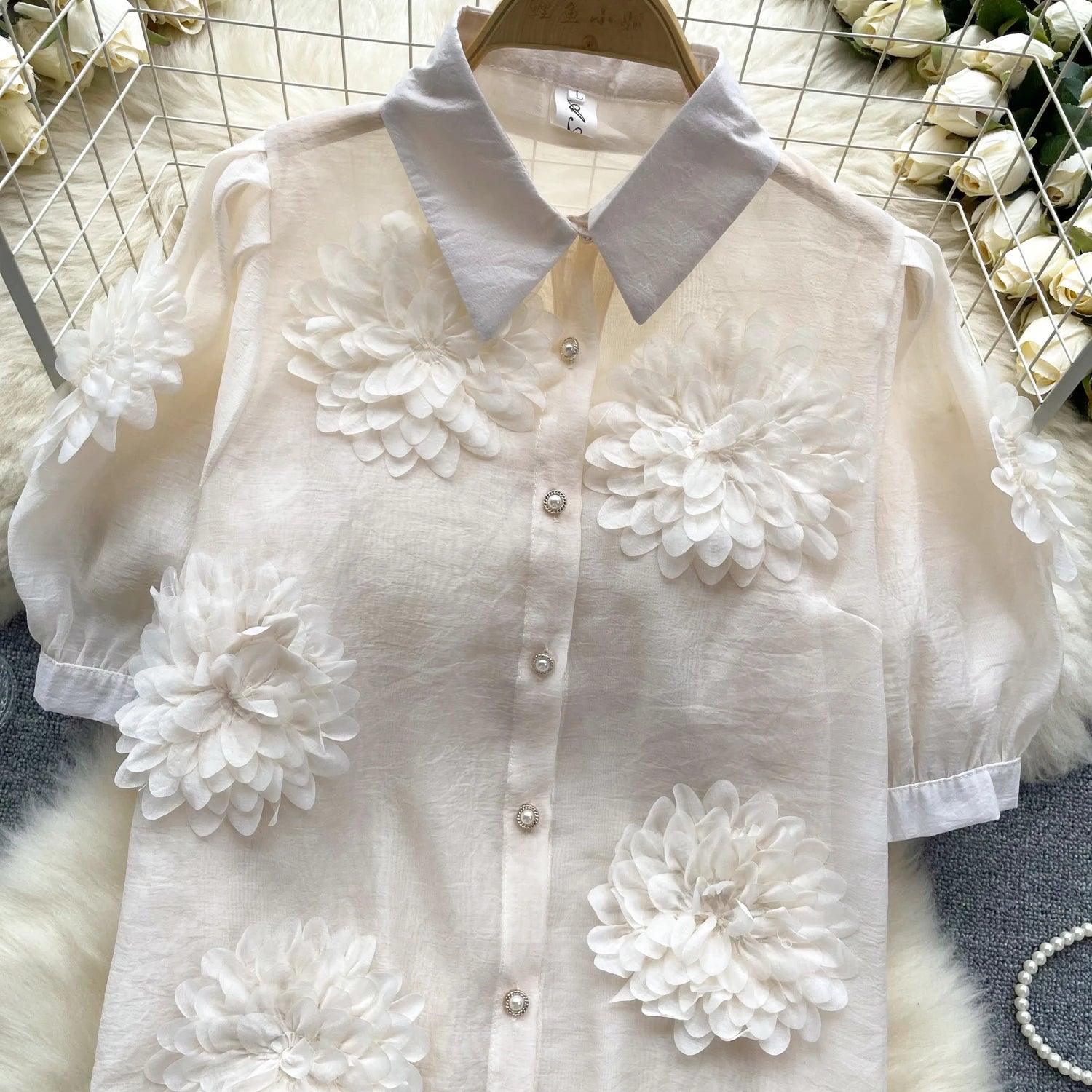 2024 French Chic 3D Flower Blouse - Trendy Mix