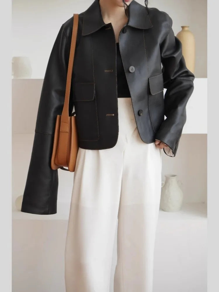 Vintage Luxe: Retro Short Leather Jacket with Chic Collar