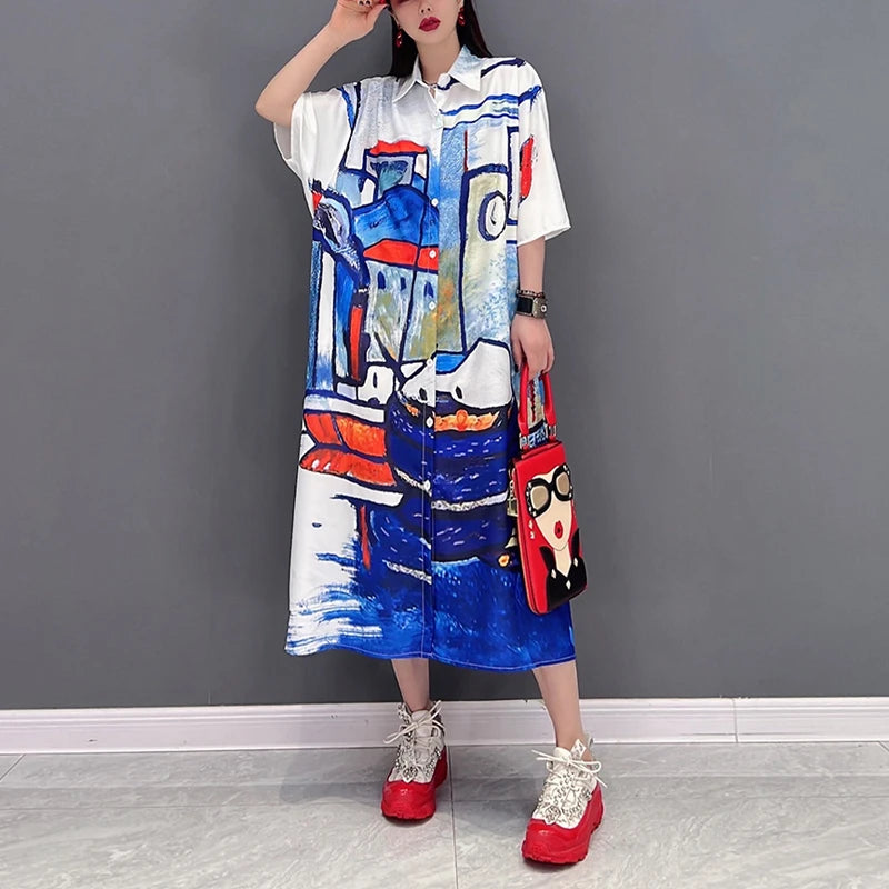 Half Sleeve Loose Fit Tide Big Size Woman New 2024 Summer Casual Shirt Dress Japanese Style Blue Black Printed Long Robe