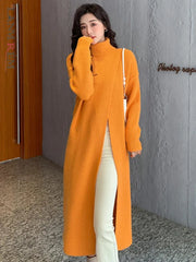 High Neck Split Knitted Pullover Mid Length Long Sleeves Solid Color Fashion Streetwear Clothing Autumn Winter