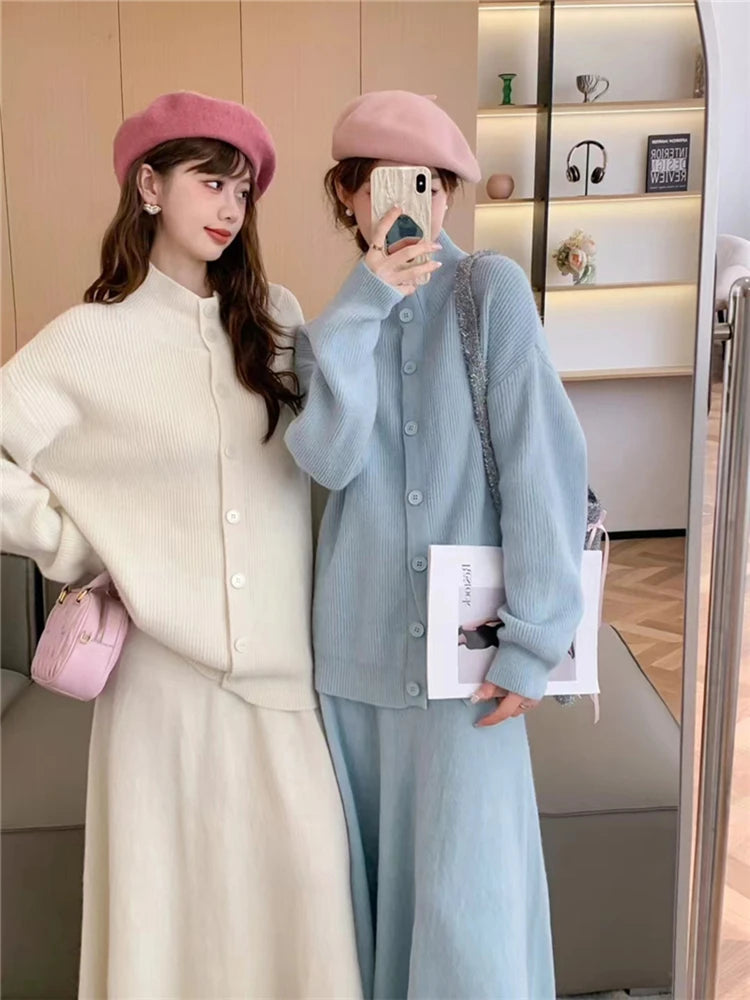 2024 Oversized Knitted Sets 2 Pieces Korean Fashion Cardigans With Long Skirts Spring Autumn Women Suits