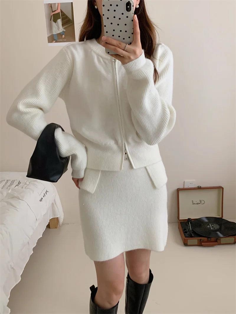 Double Zipper Sweater & High-Waisted Skirt Set