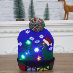 2025 Christmas Hat Santa Claus Hat LED Illuminated Cartoon Pattern Christmas Decorative Knitted Brimless Hat New Year Gift