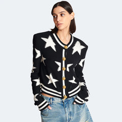 New 2024 Spring Knit Cardigan Star Jacquard Coat Women Sweater Luxury Design Iconic Lion Gold Button Femme Clothing Buckle Tops