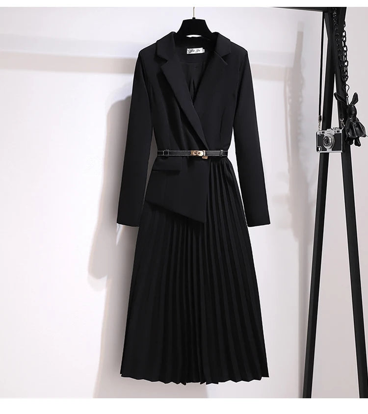 Fashion Woman Lapel Suit Fake Two-piece Dress +Belt High Quality Office Lady Long Vintage Pleated Vestidos 2024 Elegant Korean