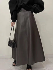 High Waisted Slimming PU Leather Skirt Fashion All-match Temperament A-line Long Skirts Women 2024 Autumn