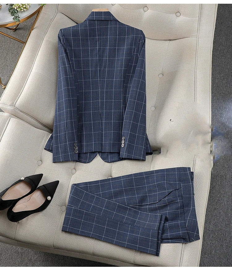 Elegant Office Suits for Women Long Sleeve Plaid Lapel Single Button Pockets Slim Pant New Pattern