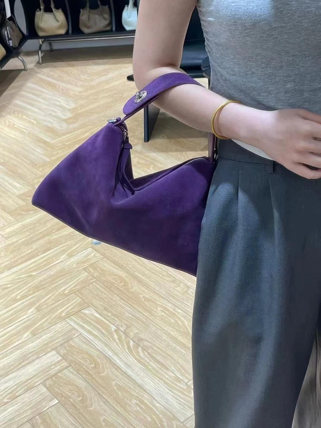 High-End Purple Suede Hobo Tote – Genuine Leather Shoulder & Crossbody Bag