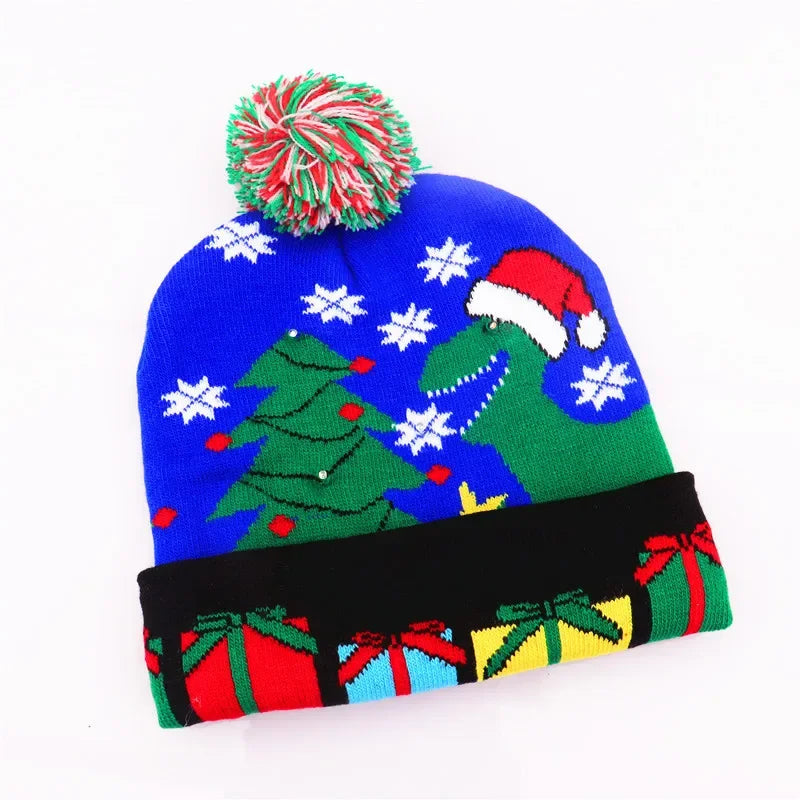 2025 Christmas Hat Santa Claus Hat LED Illuminated Cartoon Pattern Christmas Decorative Knitted Brimless Hat New Year Gift