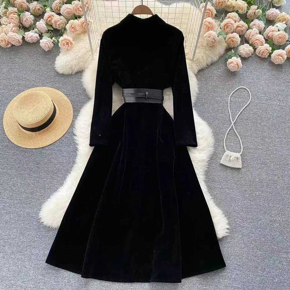 French Vintage Temperament Elegant Dress For Women Autumn/Winter New Turn-done Collar Long Sleeve A-Line Long Dress With Belt