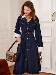 French Retro Blue Denim Lapel Dress