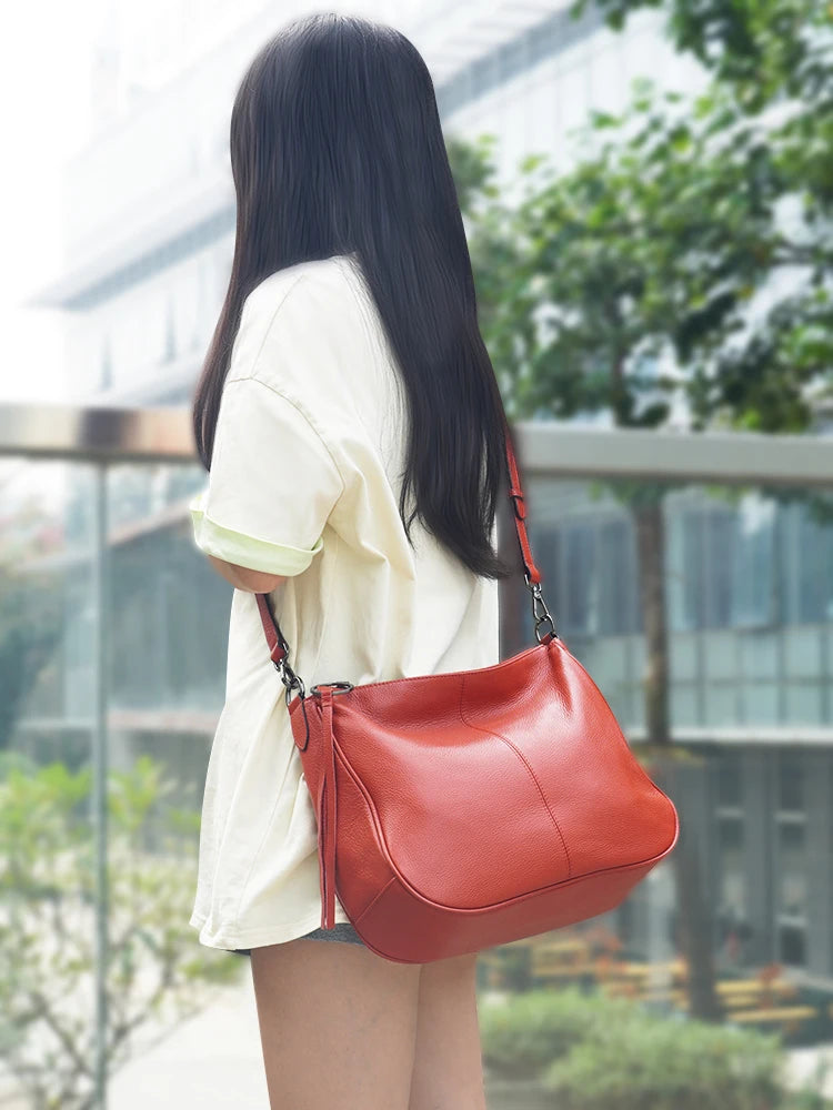 2024 Genuine Leather Hobo Bag – Black & Beige Classic Casual Shoulder Tote with Big Pockets