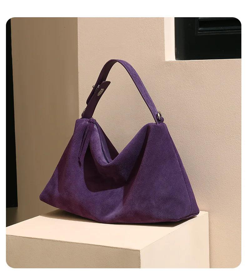 High-End Purple Suede Hobo Tote – Genuine Leather Shoulder & Crossbody Bag