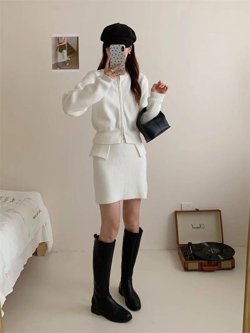 Double Zipper Sweater & High-Waisted Skirt Set