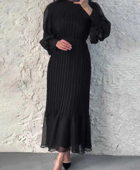 Women Evening Dress Long Lantern Sleeves Pleated Dress See-through Mesh Stand Collar Tight Waist Ruffle Patchwork Maxi Dress