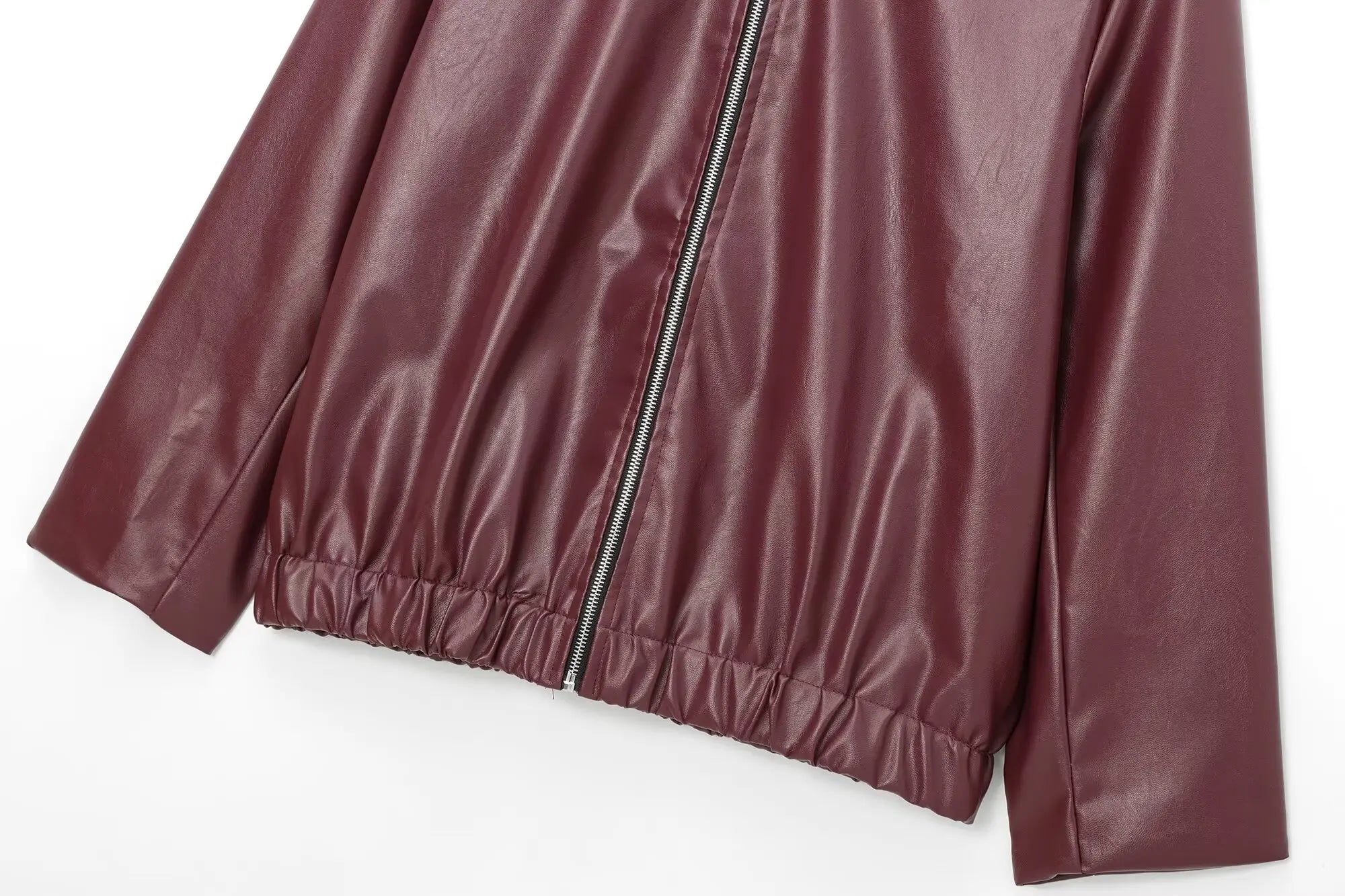 Faux Leather Lapel Jacket with Zipper