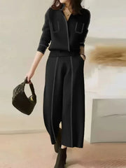 Women Urban Fashion Long Sleeve Split-Joint V-Neck Cardigan Tops & High Waist Loose Casual Pants Suits 2024 Autumn