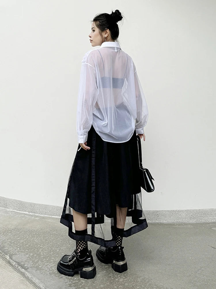 2024 Summer New Japanese Woman Skirts Female A-line Skirt Elastic Waist Solid Big Hem Patchwork Mesh Long Skirt