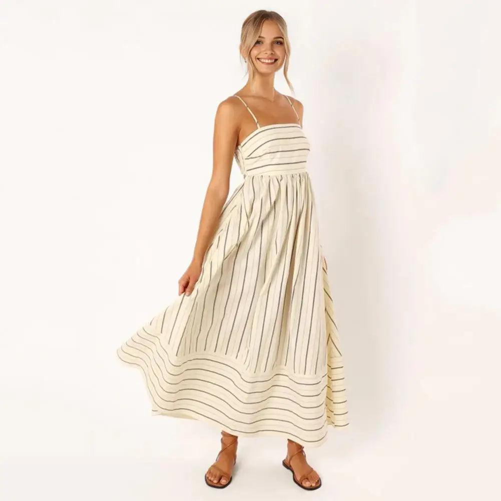 Chic Striped Backless Maxi Sundress with A-line Silhouette for Summer Beach Getaways - Trendy Mix