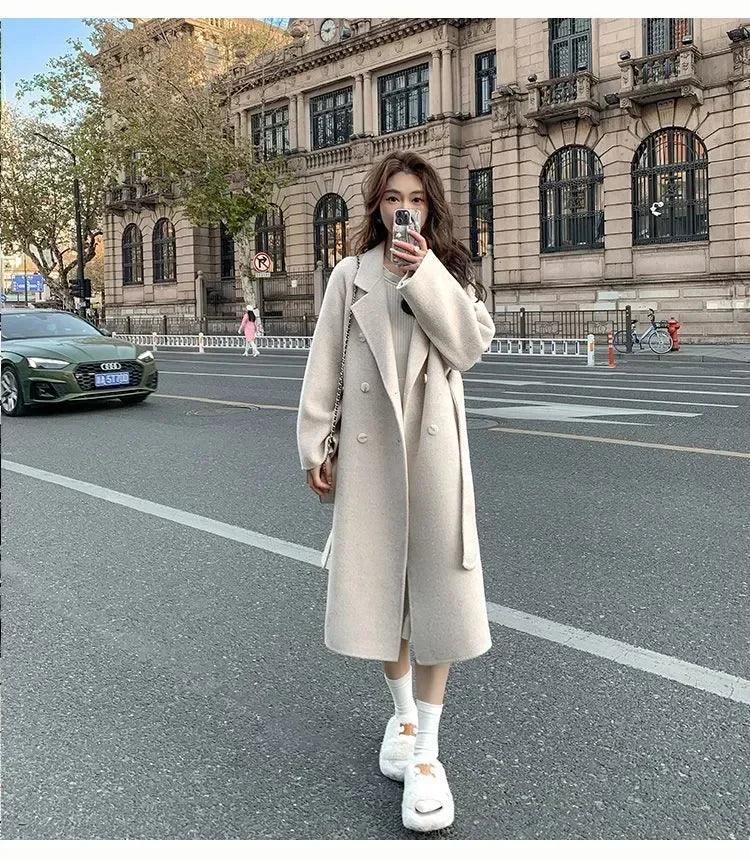 Elegant Comfort: 2024 Korean Loose-Fit Belted Wool Overcoat