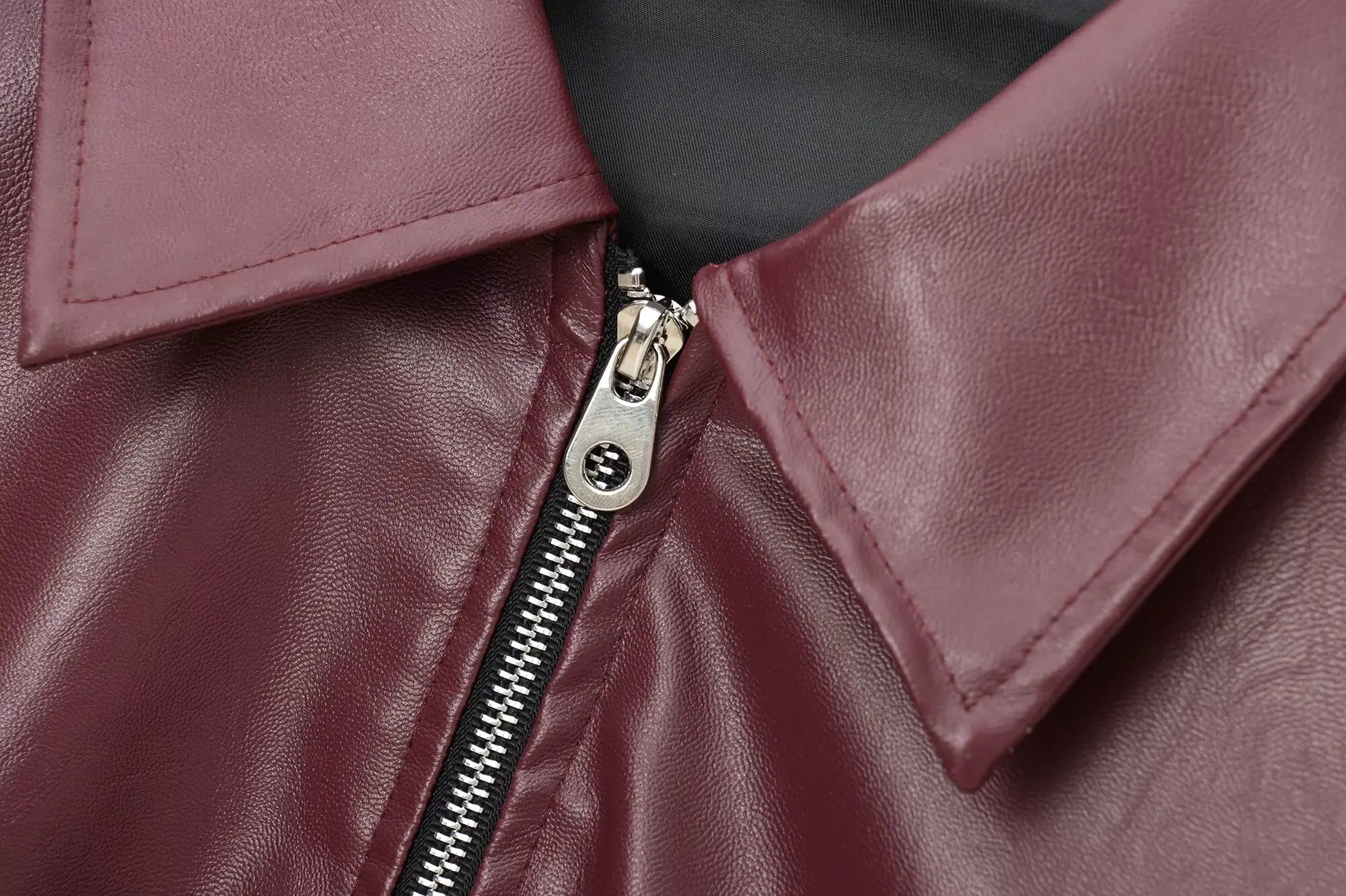 Faux Leather Lapel Jacket with Zipper