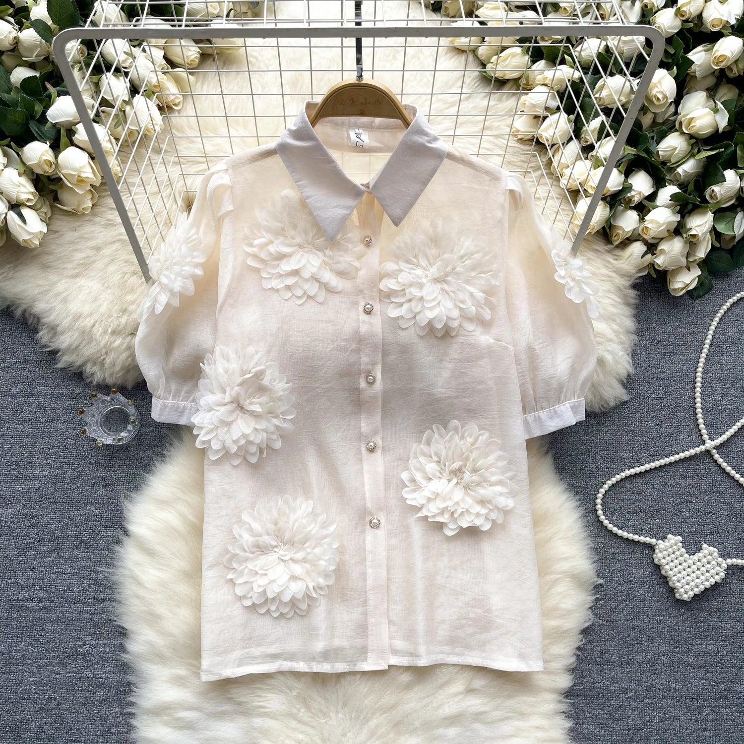 2024 French Chic 3D Flower Blouse - Trendy Mix