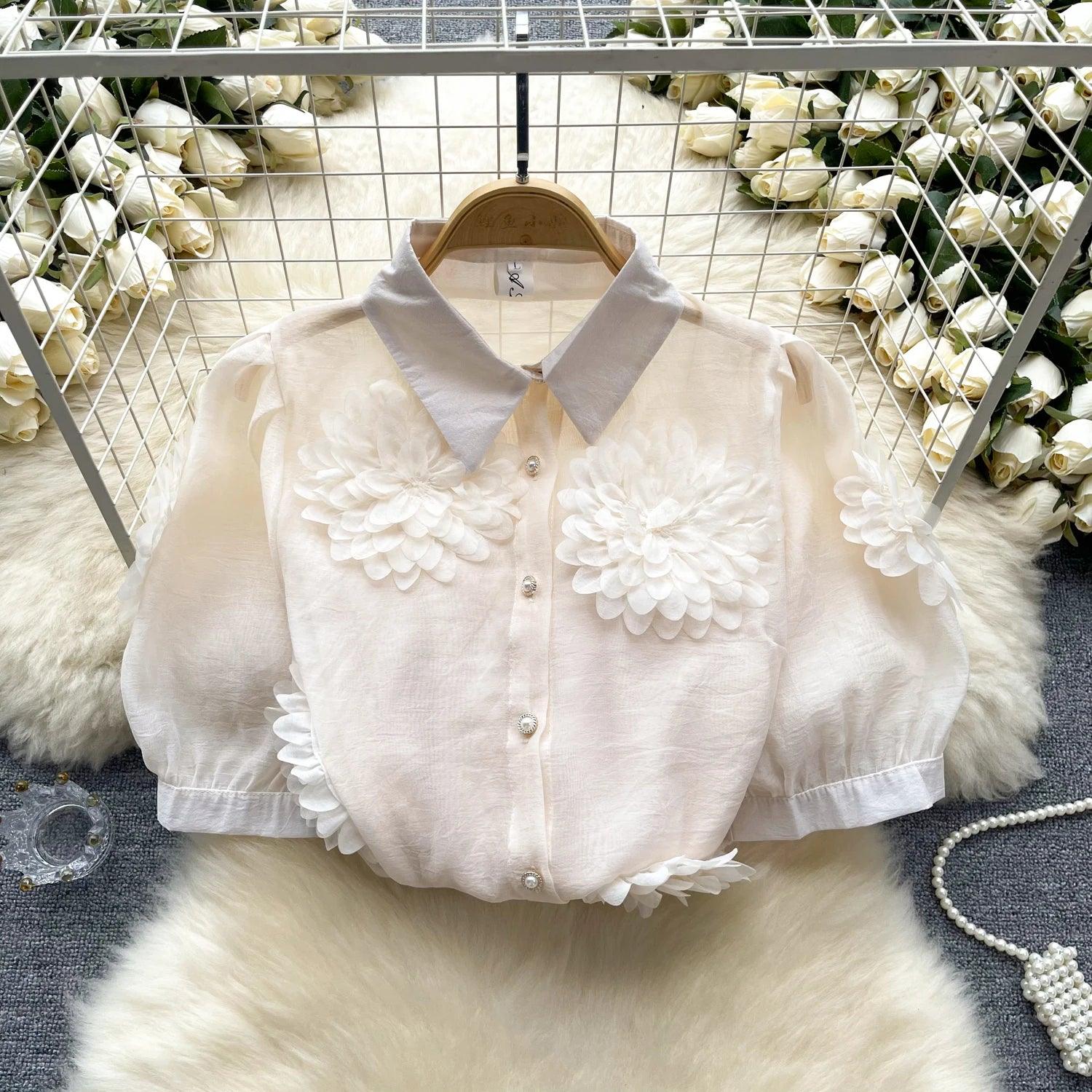 2024 French Chic 3D Flower Blouse - Trendy Mix