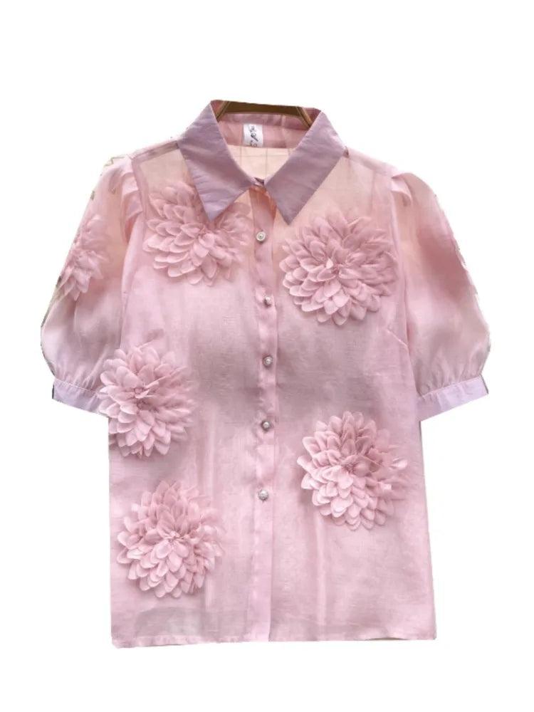 2024 French Chic 3D Flower Blouse - Trendy Mix