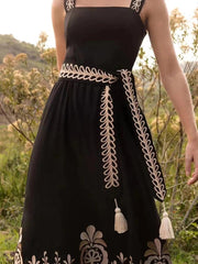 Elegant Embroidery Spliced Belt Dress For Women - Trendy Mix