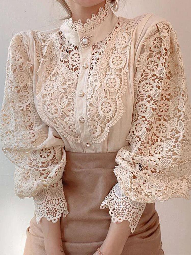 Chic Lace Collar Puff Sleeve Blouse - Trendy Mix