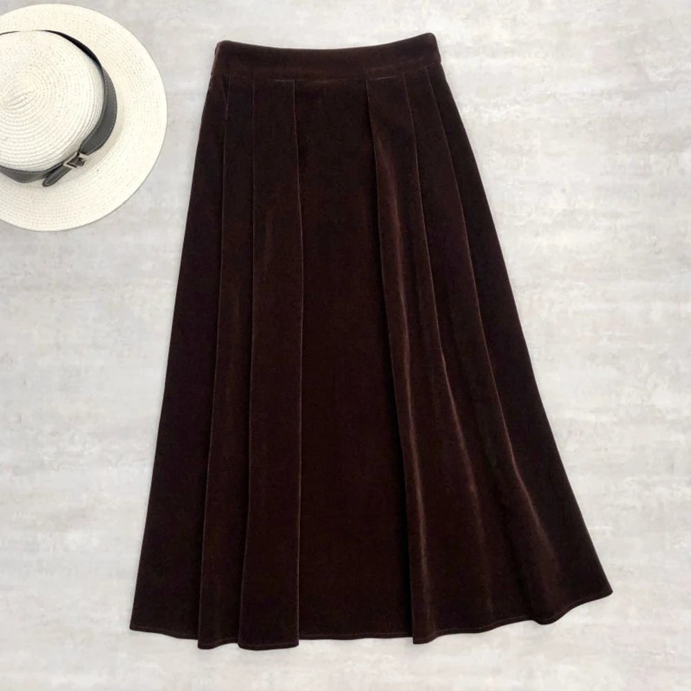 Korean Solid Color Velvet Skirts High Waist Women's Autumn Winter Skirts Pockets Side A Line Pleated Skirts