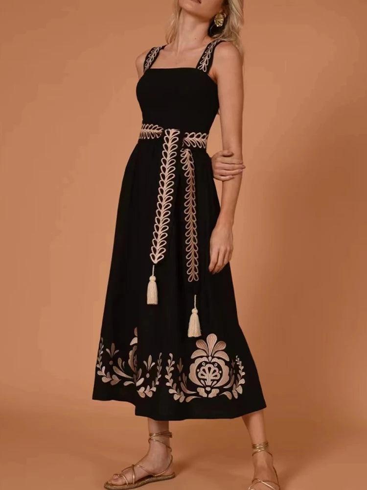 Elegant Embroidery Spliced Belt Dress For Women - Trendy Mix